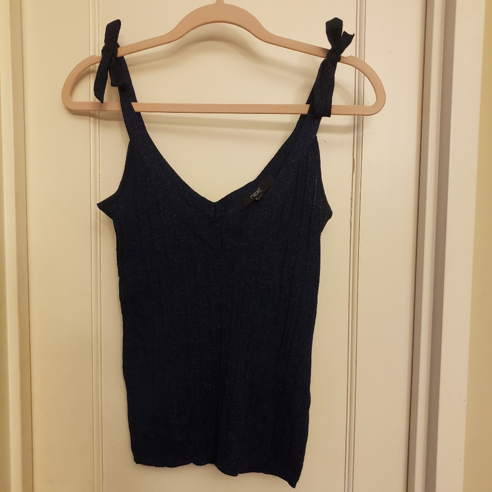 Next Tie Shoulder Metallic Navy Sweater Tank Top